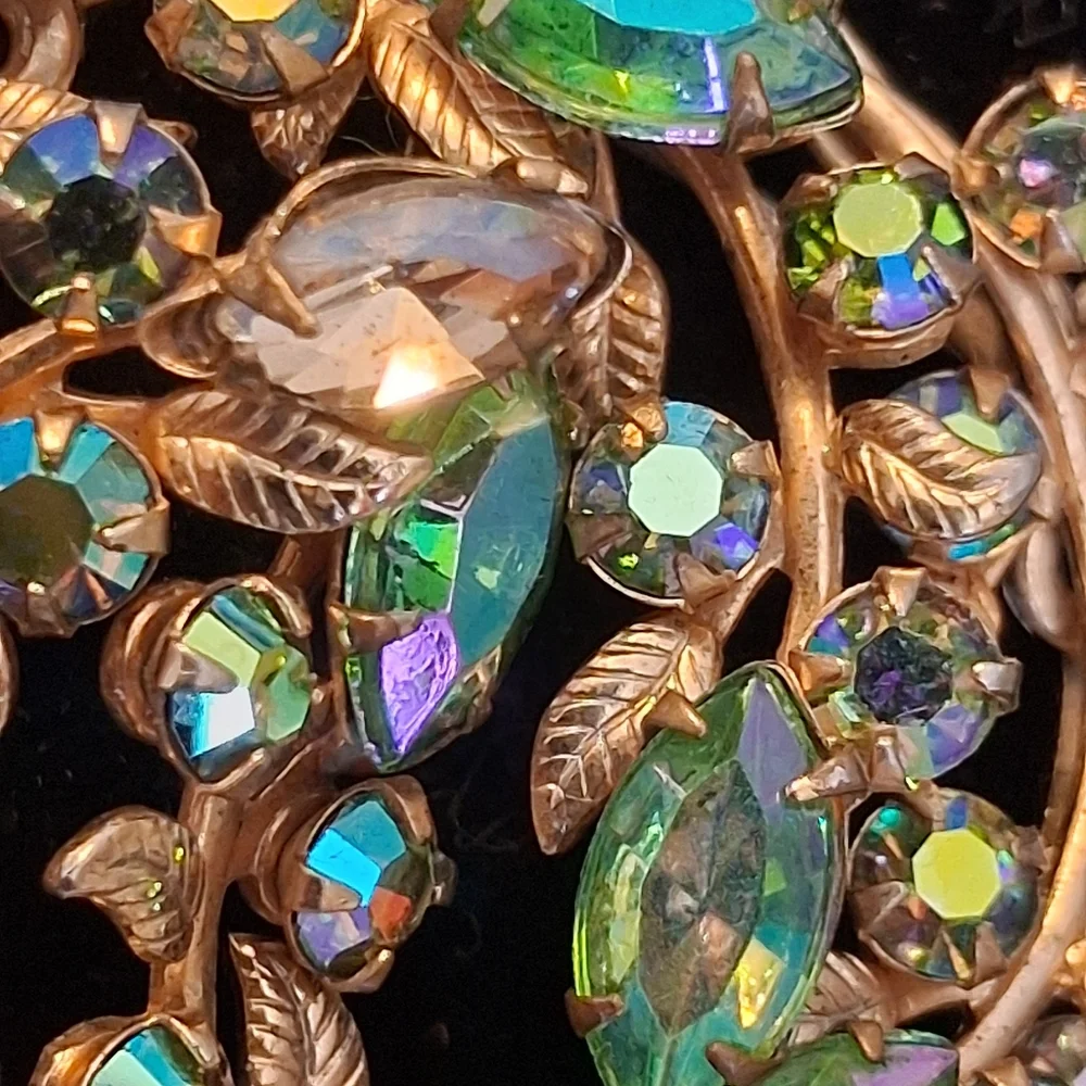 Goldtone Vines And Leaves Brooch With Green And Ab Rhinestones